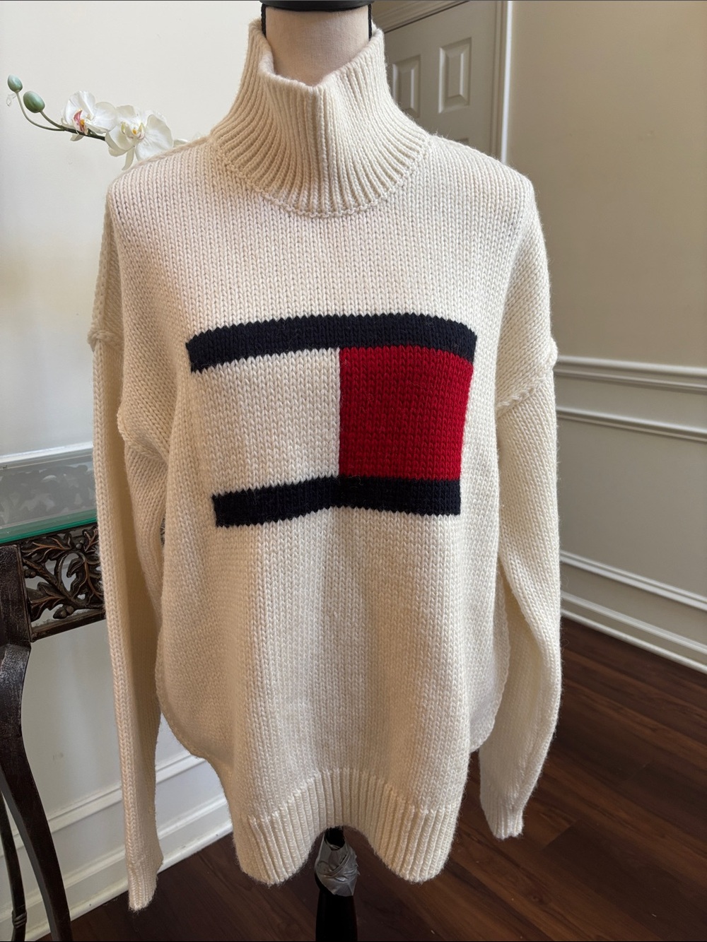 Tommy Hilfiger Cream Turtleneck Sweater with Red & Navy Logo Block